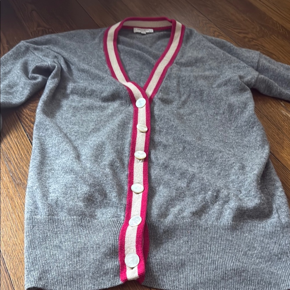 Equipment Cashmere Gray Cardigan Sweater with Pink Trim